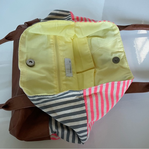 O’Neill 2-Way Canvas & Leather Tote Bag - Pink Stripe or Grey/Blue Stripe - Picture 6 of 11